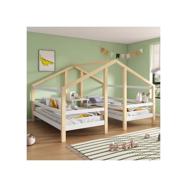 Lit Hem design med sänggavel och ribbotten 90*200 Ungdomssäng med sidofallskydd Vit + Naturlig