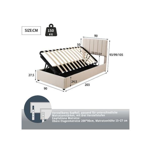Säng för barn, vaddad säng 90x200 cm, hydraulisk förvaringssäng, hög säng i mjukt linne för huden, beige