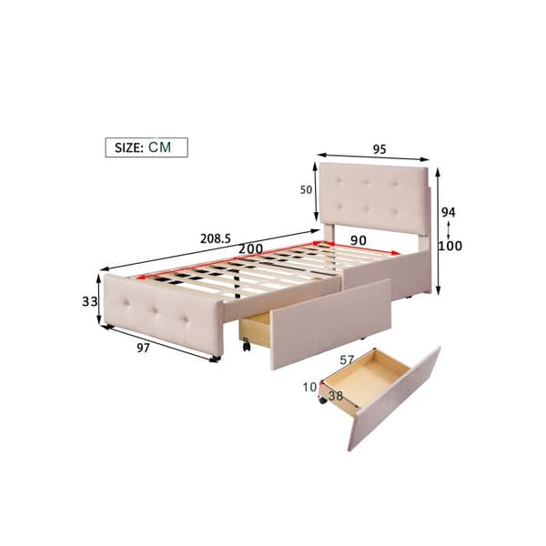 Bädd 90 x 200 cm Säng med ribbotten, ryggstöd och två lådor, gästsäng (mörk beige)