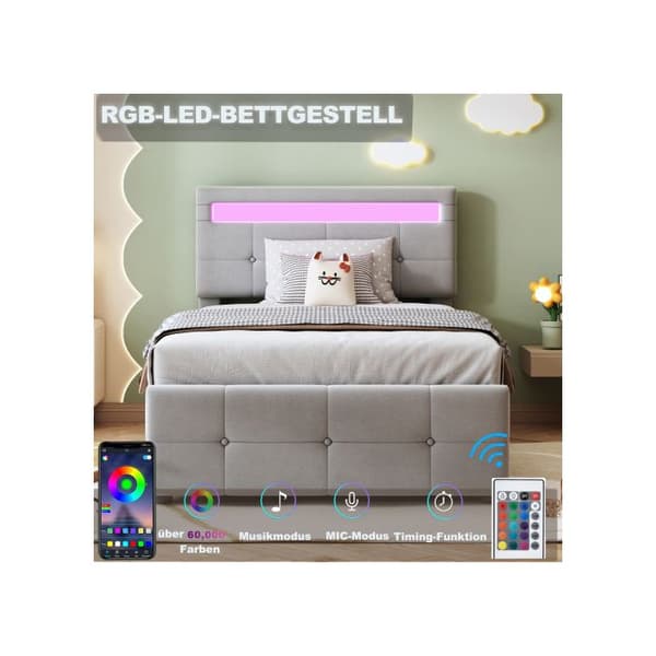 Barnsäng med vaddering 90x200 cm, med LED-belysning, justerbar sänggavel, grå