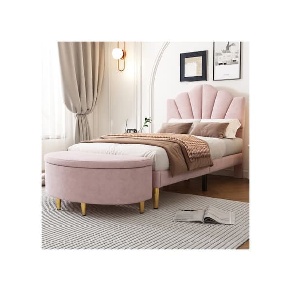Puffad säng i sammet, 90*200 cm, säng i form av ett snäckskal med ben i guldmetall, rosa färg.