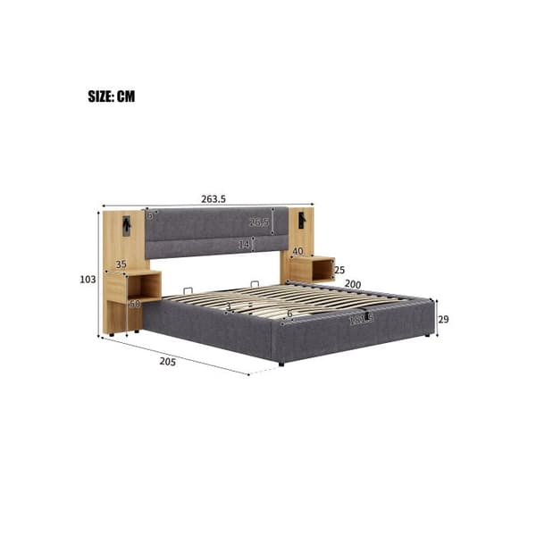 Uppfällt säng 180 x 200 cm, hydraulisk säng med USB-port, belyst, sänggavel med förvaring, grå + naturlig