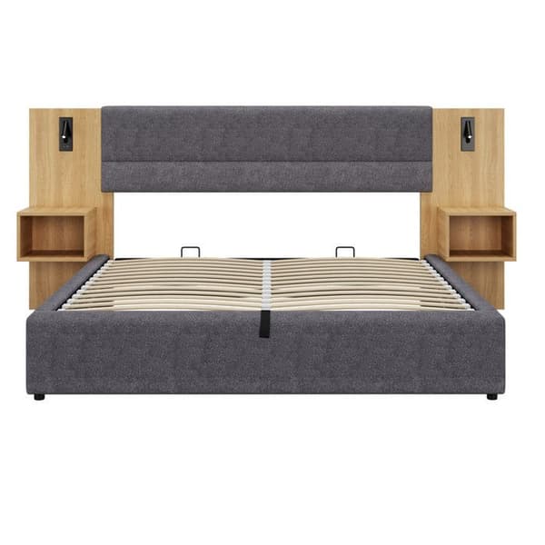 Uppfällt säng 180 x 200 cm, hydraulisk säng med USB-port, belyst, sänggavel med förvaring, grå + naturlig