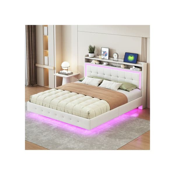 Uppfällt säng 160*200, med USB-uttag och LED-ljus, kan placeras vid huvudänden av sängen, beige linne tyg.
