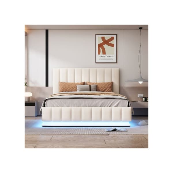 Säng med stoppad ram 140 x 200 cm, med LED, metallram och sängförvaringslåda, dubbel, vit (utan madrass)