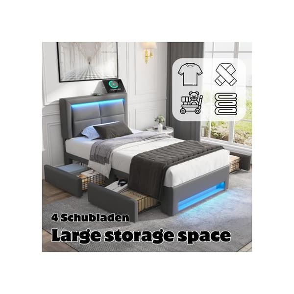 Säng med stoppad ram 90x200 cm, med USB-port, med LED-belysning och fyra lådor, grå