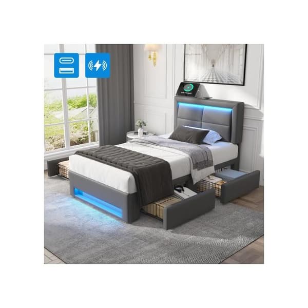 Säng med stoppad ram 90x200 cm, med USB-port, med LED-belysning och fyra lådor, grå