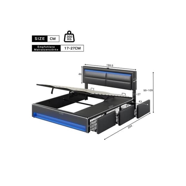 Uppfällt säng 180 x 200 cm, hydraulisk, med USB-port, utan madrass, PU-grus, svart