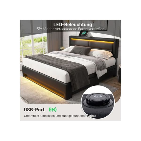 Uppfällt säng 160 x 200 cm, med USB-port, med LED-belysning och fyra lådor, utan madrass, PU-litchi mönster, svart