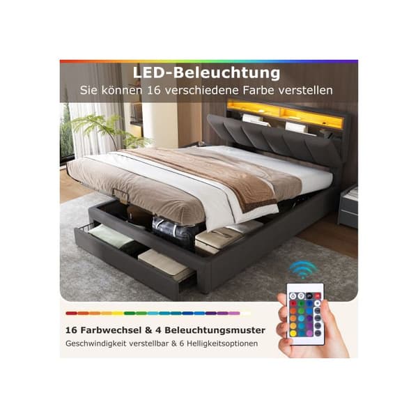 Uppfyllt säng med LED-belysning, dubbelsäng med fjädrar och stålrams, linne, 140*200 cm, grå