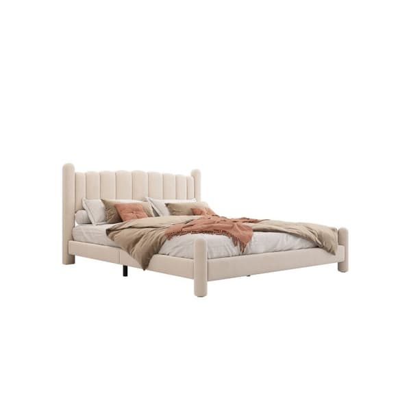 180*200cm Klädd säng med ram och randig huvudgavel, elegant och volang huvudgavel, Beige