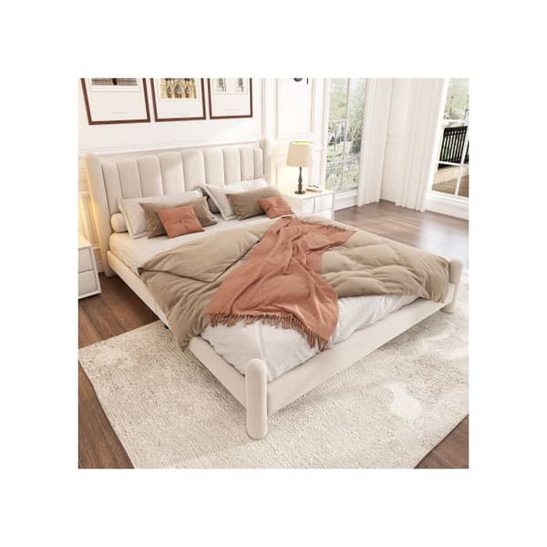 180*200cm Klädd säng med ram och randig huvudgavel, elegant och volang huvudgavel, Beige