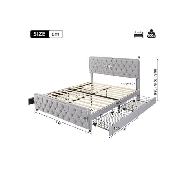 Uppfyllt säng 140*190cm, dubbelsäng med fyra lådor, justerbar sänggavel, linne, ljusgrå