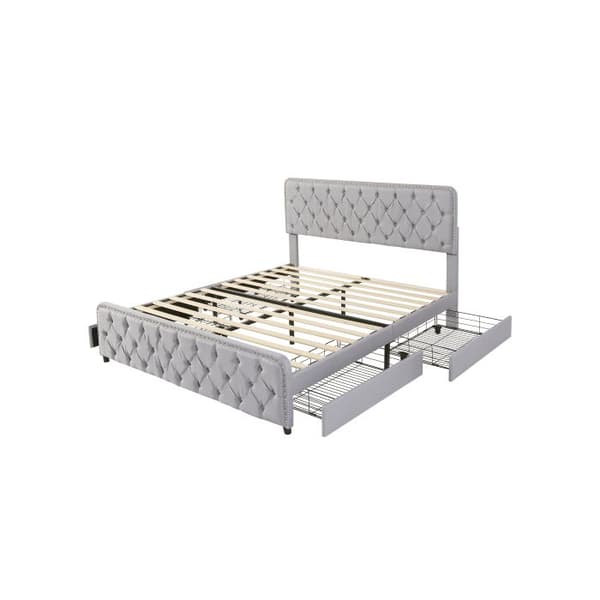 Uppfyllt säng 140*190cm, dubbelsäng med fyra lådor, justerbar sänggavel, linne, ljusgrå