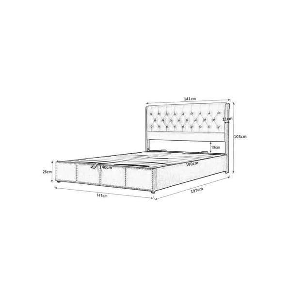 Bäddsoffa, med hydraulisk lyft, nitat dekorerad, 140 x 190 cm, utan madrass, sammet, grå