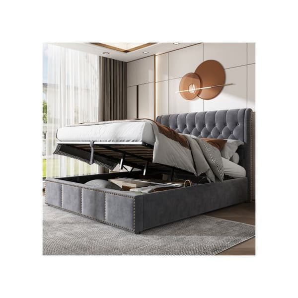 Bäddsoffa, med hydraulisk lyft, nitat dekorerad, 140 x 190 cm, utan madrass, sammet, grå