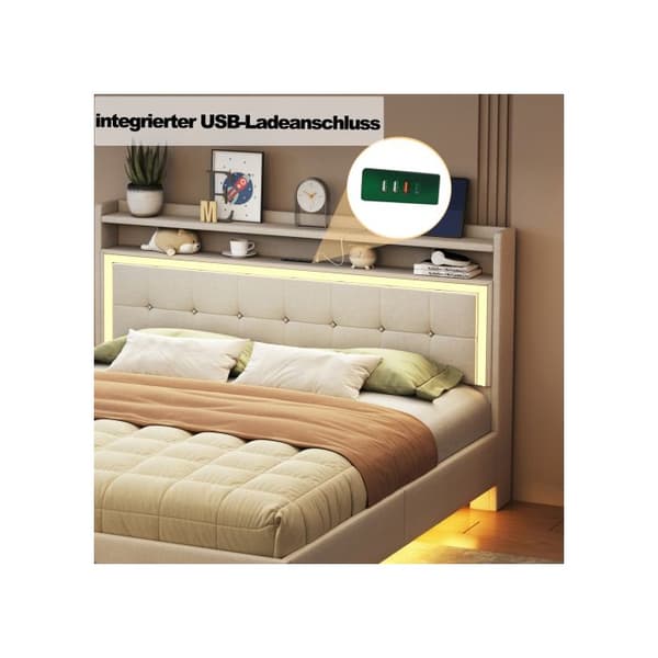 Uppfällt säng 160*200, med USB-uttag och LED-ljus, kan placeras vid huvudänden av sängen, beige linne tyg.