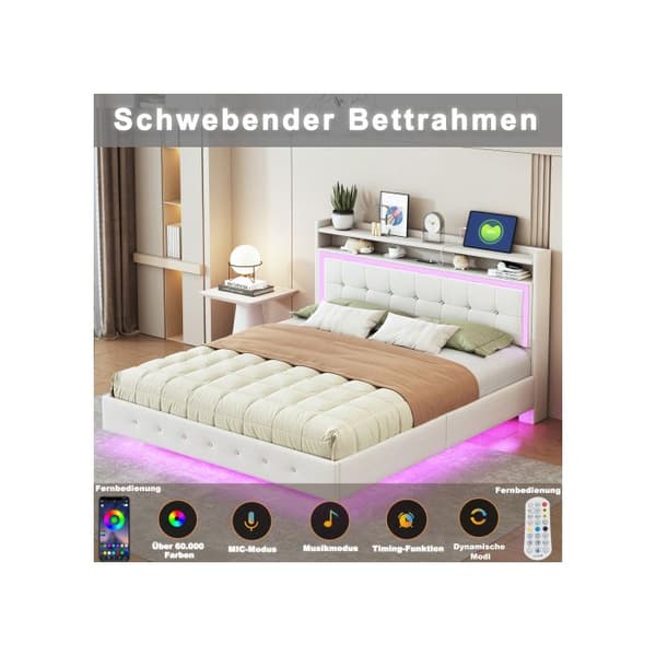 Uppfällt säng 160*200, med USB-uttag och LED-ljus, kan placeras vid huvudänden av sängen, beige linne tyg.