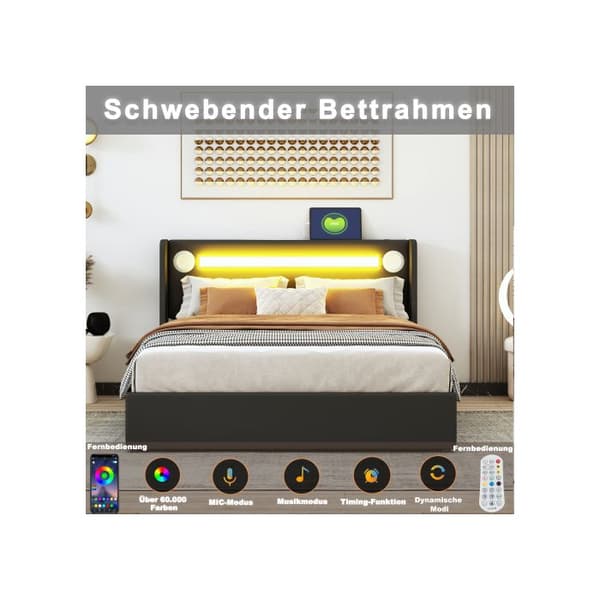 160x200 Säng med kudde, LED-ljuslist, Bluetooth-läsare och USB-laddare, förvaringssäng i PU-läder, svart