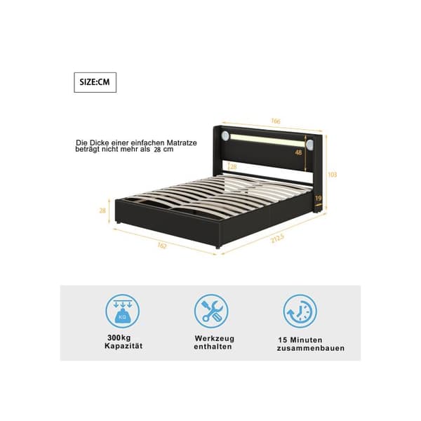 160x200 Säng med kudde, LED-ljuslist, Bluetooth-läsare och USB-laddare, förvaringssäng i PU-läder, svart
