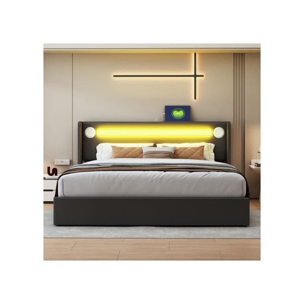 160x200 Säng med kudde, LED-ljuslist, Bluetooth-läsare och USB-laddare, förvaringssäng i PU-läder, svart