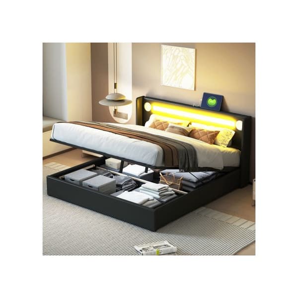 160x200 Säng med kudde, LED-ljuslist, Bluetooth-läsare och USB-laddare, förvaringssäng i PU-läder, svart
