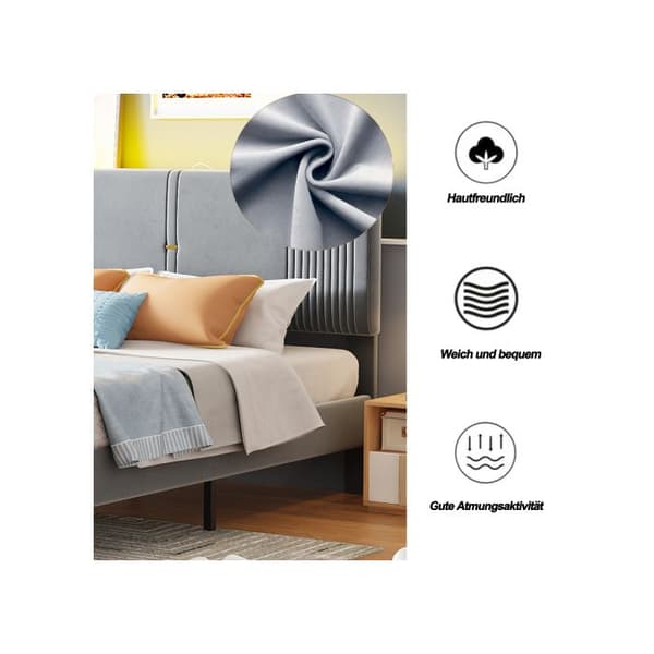 Säng med stoppning 140 x 200 cm, dubbelsäng med ljuslist och USB-port, ryggstöd och stor låda, grå.