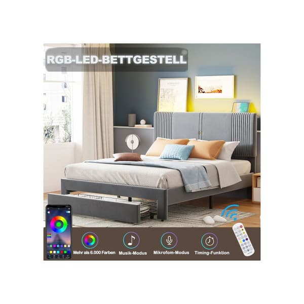 Säng med stoppning 140 x 200 cm, dubbelsäng med ljuslist och USB-port, ryggstöd och stor låda, grå.