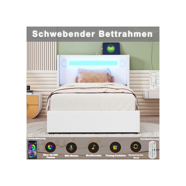 Uppblåst säng Barnsäng 90x200 med LED-ljusräcke, Bluetooth-läsare och USB-laddningsfunktion