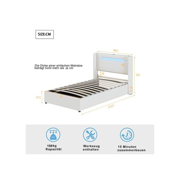 Uppblåst säng Barnsäng 90x200 med LED-ljusräcke, Bluetooth-läsare och USB-laddningsfunktion