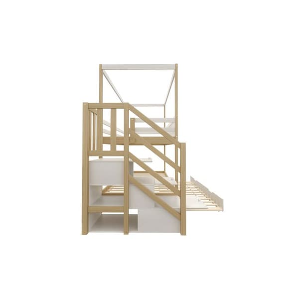 Säng i våningssäng för barn 90*200 cm, dubbelsäng i massivt trä, husform, vit och massivt trä