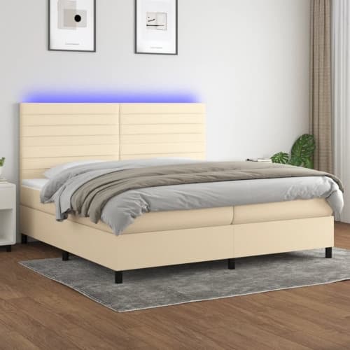 Ramsäng med madrass & LED gräddvit 200x200 cm tyg