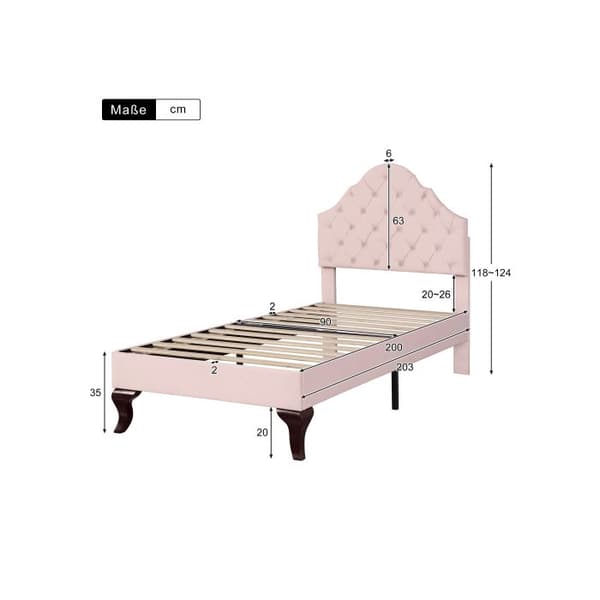 Uppfällbar säng 90*200 med ribbotten och sänggavel, Enkel, Ribbstöd, Rosa