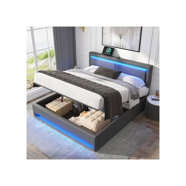 Uppfällt säng, 140 x 190 cm, med USB-port, med LED-belysning och förvaring, utan madrass, PU-Lychee design, grå
