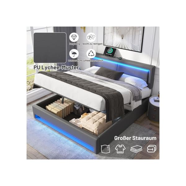 Uppfällbar säng 140 x 200 cm med USB-anslutning (möjliggör trådlös och kabelansluten laddning) utan madrass, grå