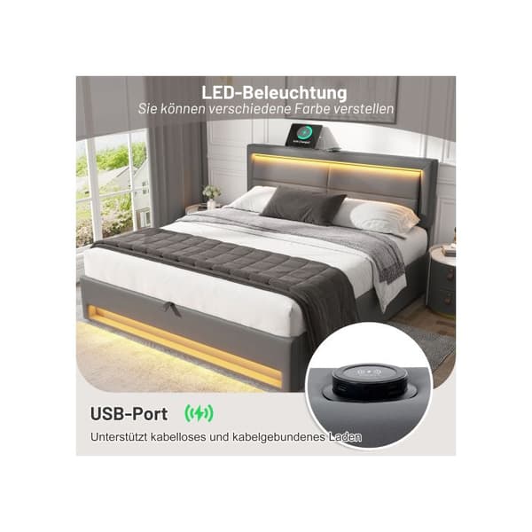 Uppfällbar säng 140 x 200 cm med USB-anslutning (möjliggör trådlös och kabelansluten laddning) utan madrass, grå