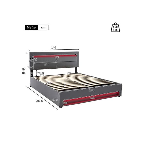 Uppfällbar säng 140 x 200 cm med USB-anslutning (möjliggör trådlös och kabelansluten laddning) utan madrass, grå
