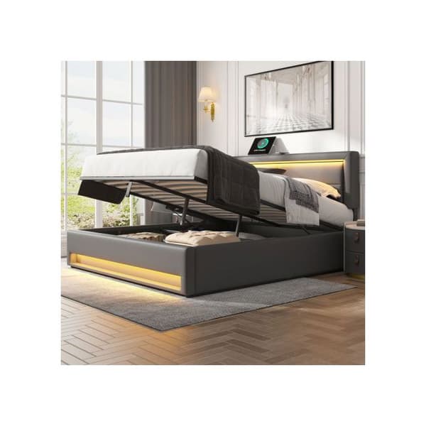 Uppfällbar säng 140 x 200 cm med USB-anslutning (möjliggör trådlös och kabelansluten laddning) utan madrass, grå