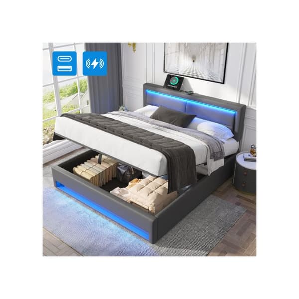 Uppfällbar säng 140 x 200 cm med USB-anslutning (möjliggör trådlös och kabelansluten laddning) utan madrass, grå