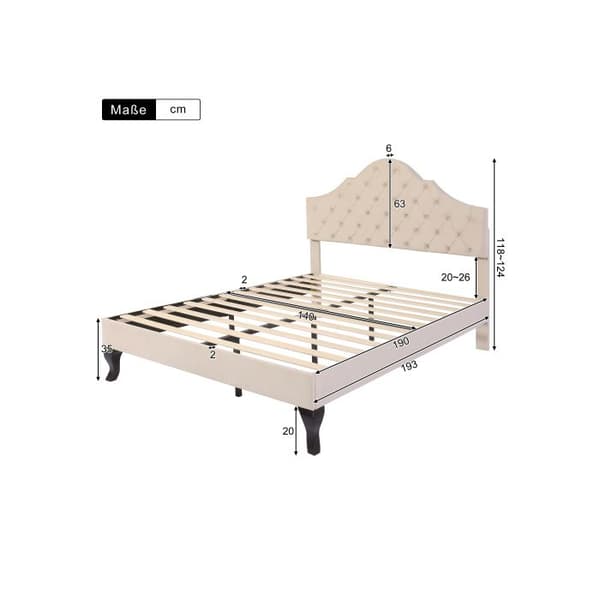 140*190 Säng klädd med ribbotten och huvudgavel, Säng klädd med ribbotten i trä, sammet, beige
