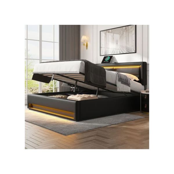 Säng med stoppad ram 140 x 200 cm med USB-anslutning (stöder trådlös och kabelansluten laddning) utan madrass, svart
