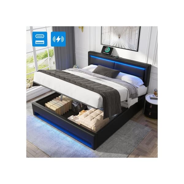Säng med stoppad ram 140 x 200 cm med USB-anslutning (stöder trådlös och kabelansluten laddning) utan madrass, svart