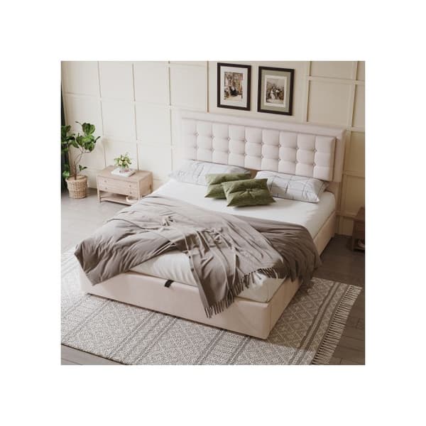 Säng med stoppad ram och 3 lådor, stort förvaringsutrymme, 160 x 200, linne, beige