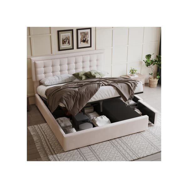 Säng med stoppad ram och 3 lådor, stort förvaringsutrymme, 160 x 200, linne, beige