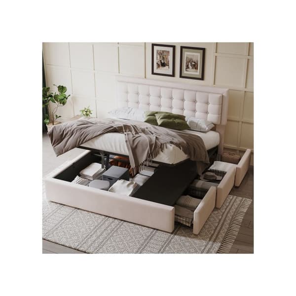 Säng med stoppad ram och 3 lådor, stort förvaringsutrymme, 160 x 200, linne, beige