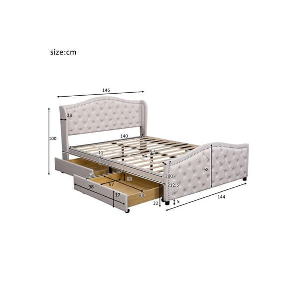 Säng med knappar 140 x 200 cm - med lattsäng, 2 lådor och sänggavel med nitar i quiltad design - trä och konstläder - vit