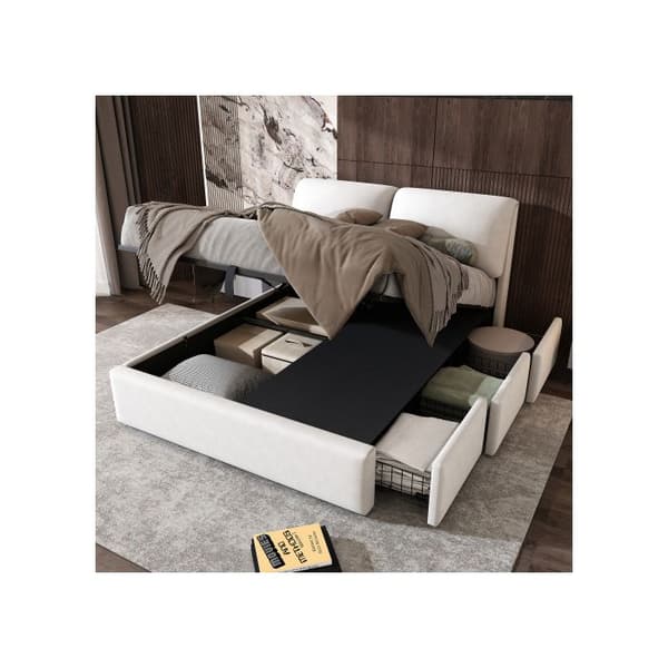 Säng med stoppning, 140*190, hydraulisk bas, tre lådor, utan madrass, sammet, beige