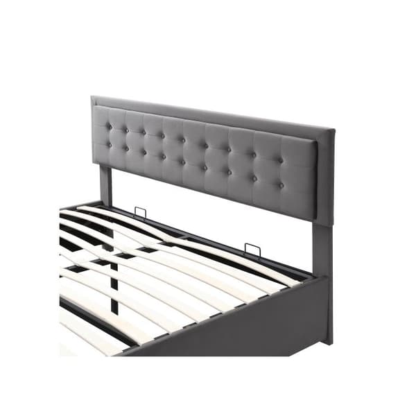 Säng med förvaring och lådor, sammetstyg, stoppad säng, ribbotten, dubbelsäng, stort förvaringsutrymme, 160 x 200, grå.