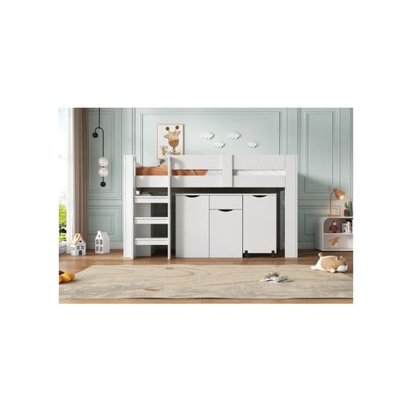 Multifunktionell barnsäng med stege, med avtagbar garderob, utan madrass, MDF, vit 90*200