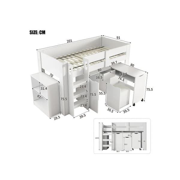 Multifunktionell barnsäng med stege, med avtagbar garderob, utan madrass, MDF, vit 90*200
